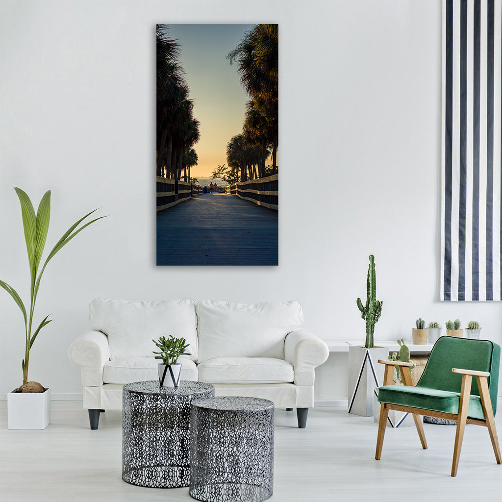 beach boardwalk sunset palm trees Vertical Canvas Wall Art