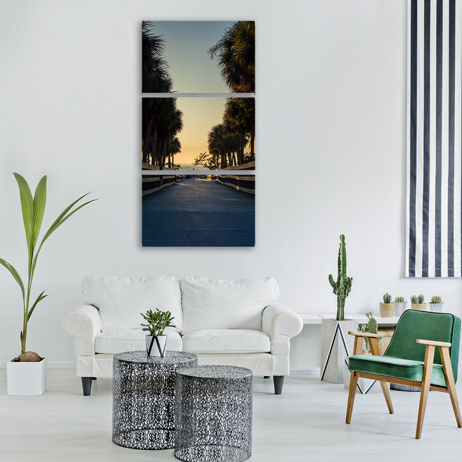 beach boardwalk sunset palm trees Vertical Canvas Wall Art