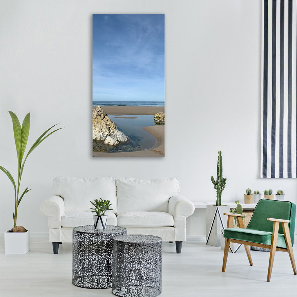 beach sand pond sea sky blue Vertical Canvas Wall Art