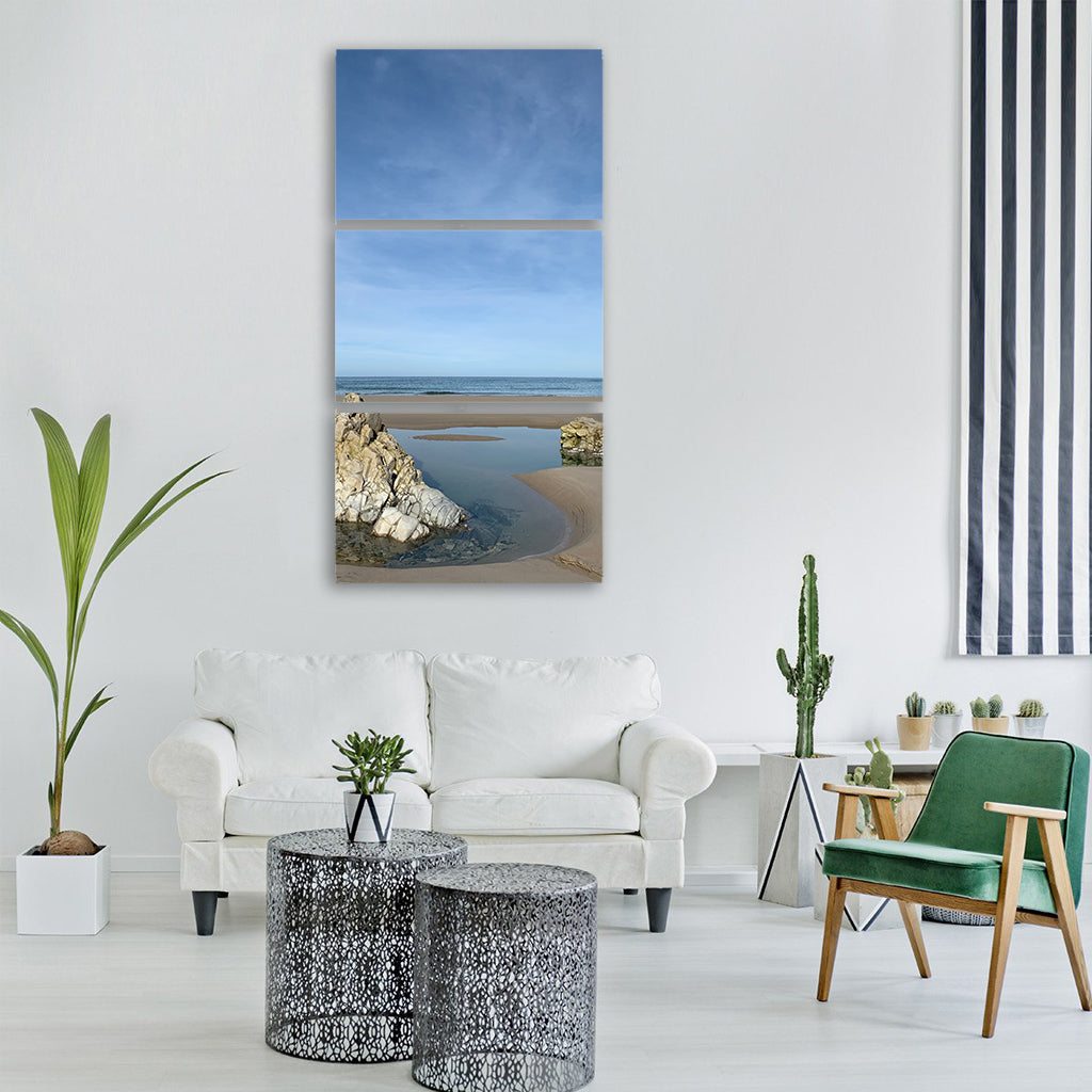 beach sand pond sea sky blue Vertical Canvas Wall Art