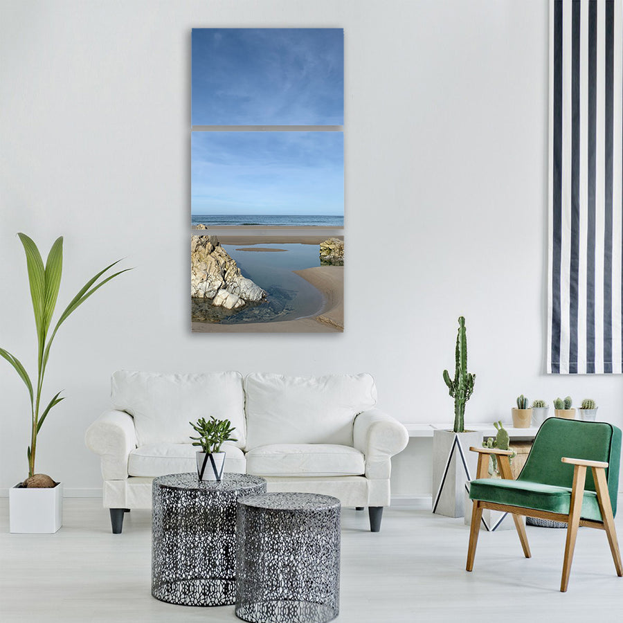 beach sand pond sea sky blue Vertical Canvas Wall Art