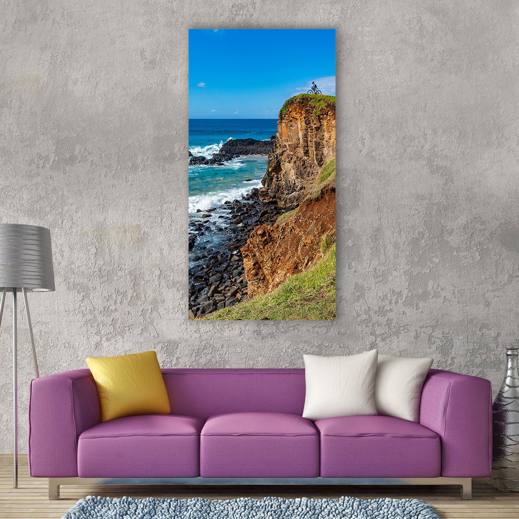 A beautiful bike rider cliff cyclist action Vertical Canvas Wall Art