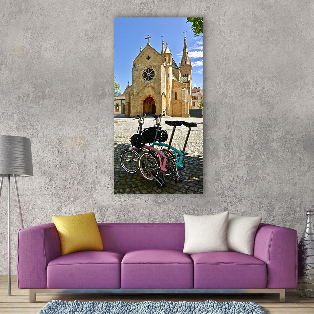 Beautiful bikes church travel landmark Vertical Canvas Wall Art