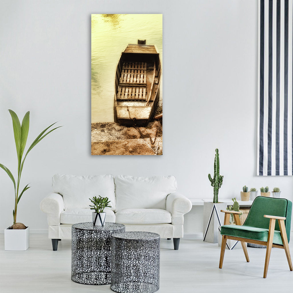 boat empty old river water summer Vertical Canvas Wall Art