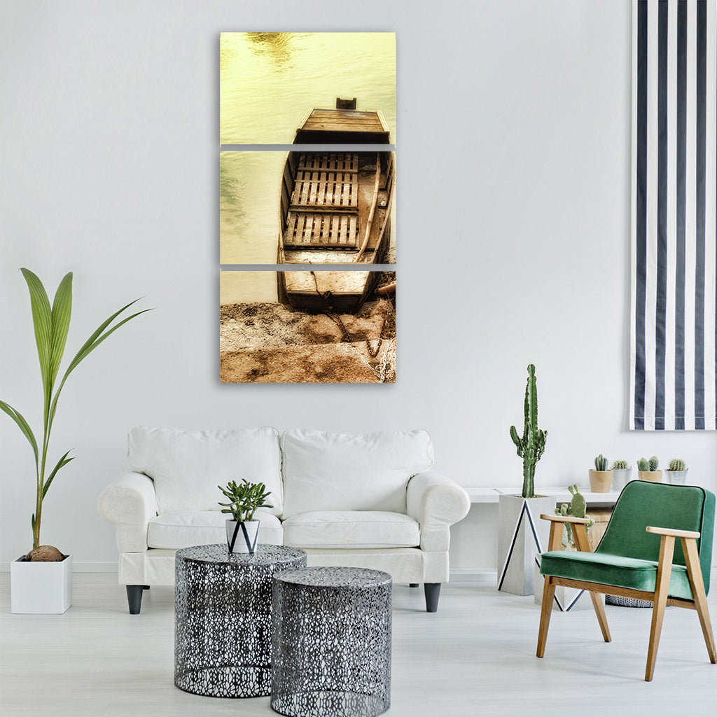 boat empty old river water summer Vertical Canvas Wall Art