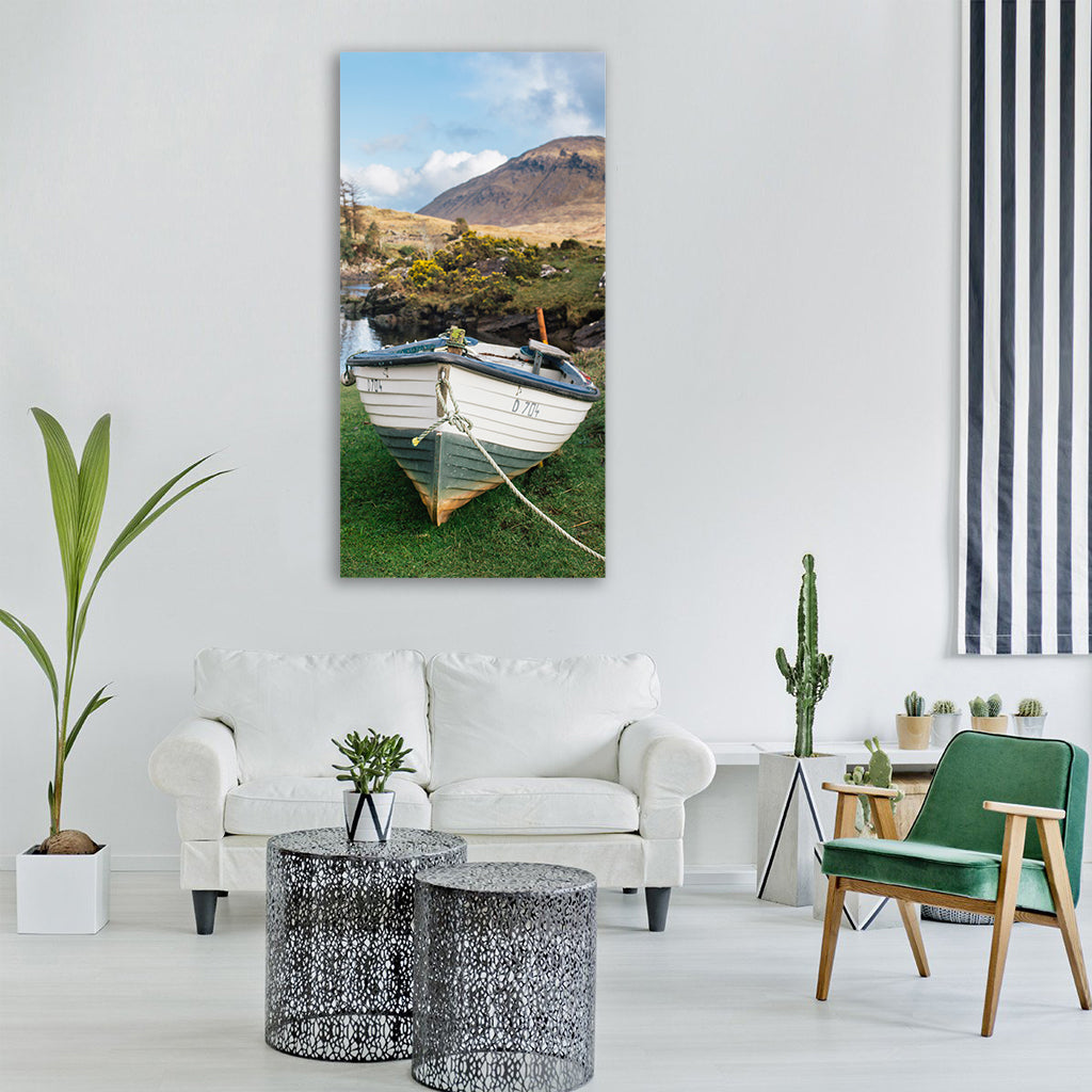 boat rope green grass lake water Vertical Canvas Wall Art