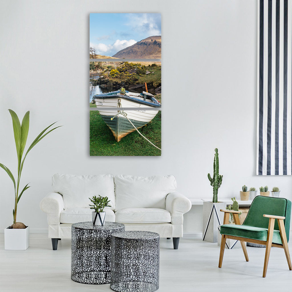 boat rope green grass lake water Vertical Canvas Wall Art