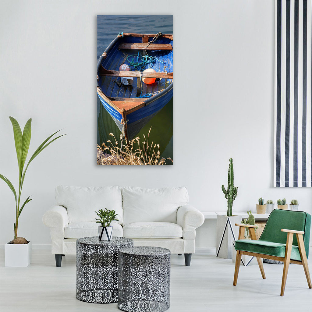 boat small fishing river blue Vertical Canvas Wall Art