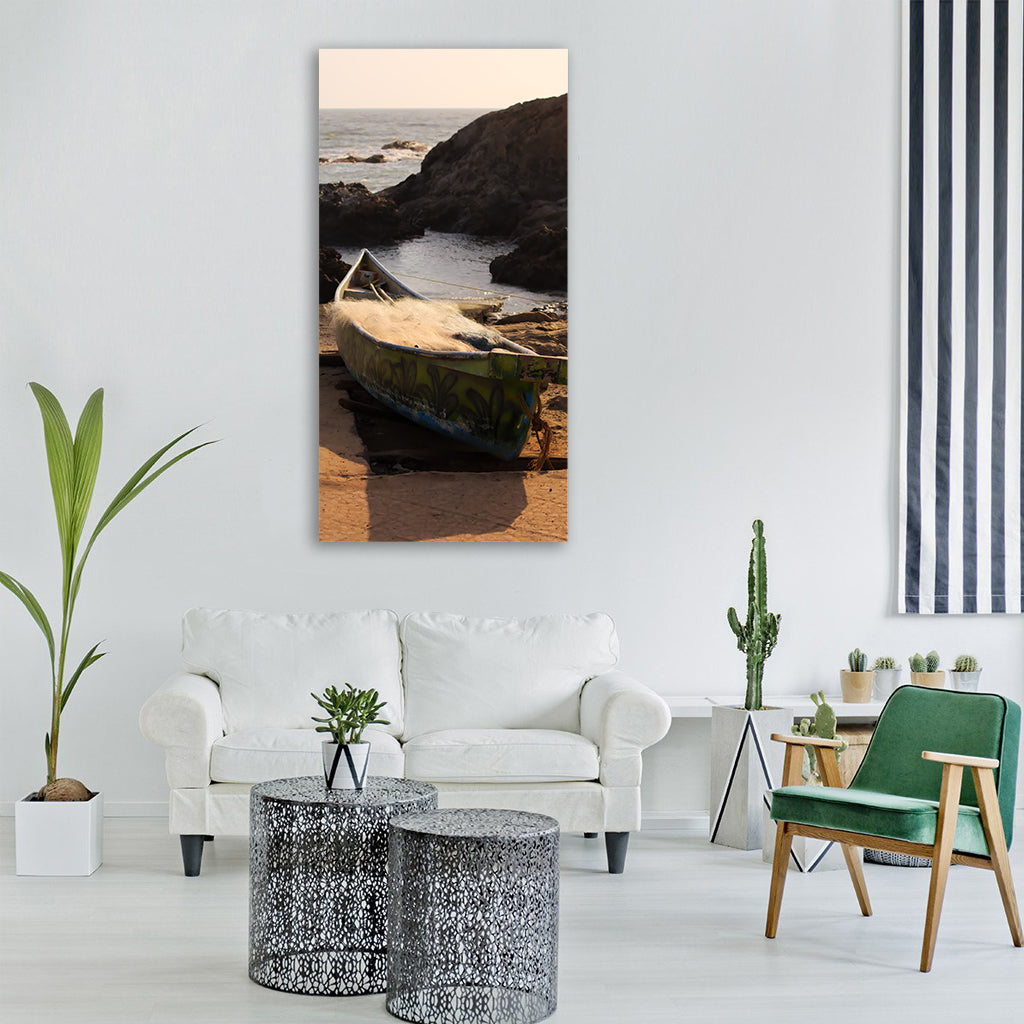 boat water beach fishing sea Vertical Canvas Wall Art