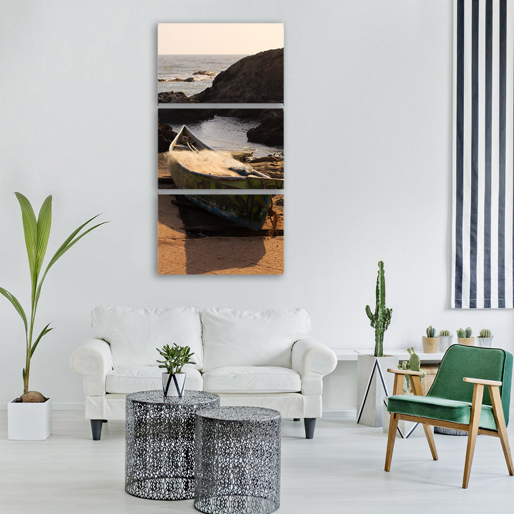 boat water beach fishing sea Vertical Canvas Wall Art