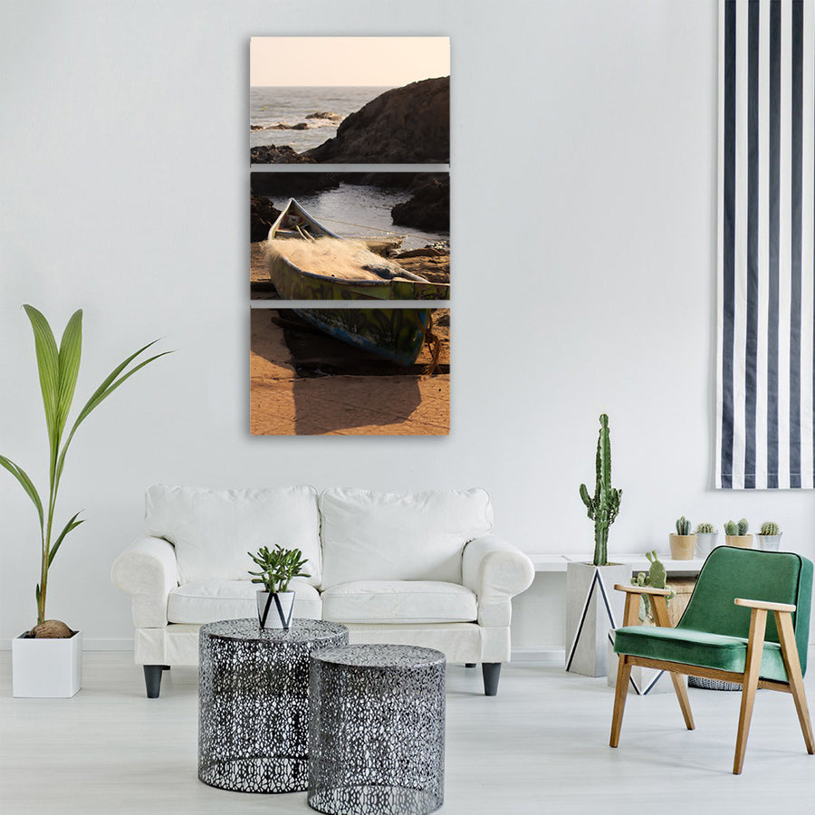 boat water beach fishing sea Vertical Canvas Wall Art