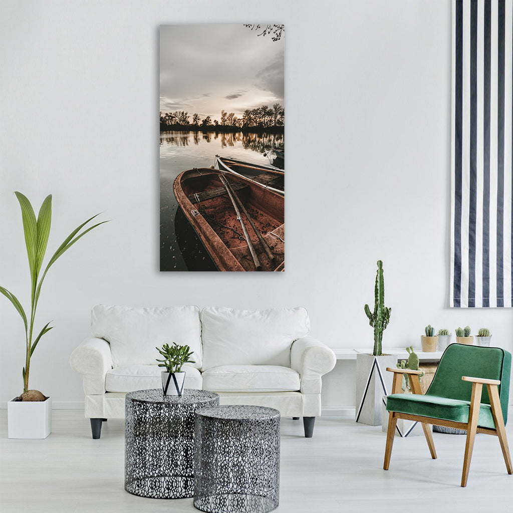 boat lake fishing boat fishing Vertical Canvas Wall Art