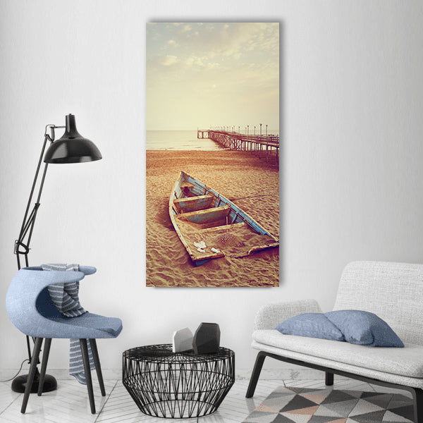 Boat shipwreck beached ocean sand Vertical Canvas Wall Art