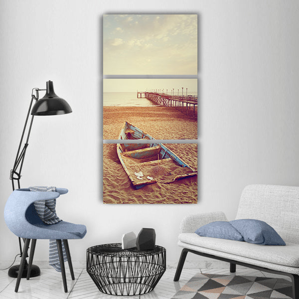 Boat shipwreck beached ocean sand Vertical Canvas Wall Art
