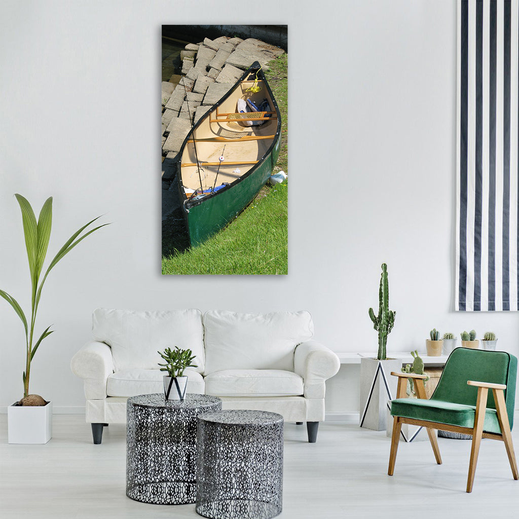 Boat fishing rods shore river Vertical Canvas Wall Art