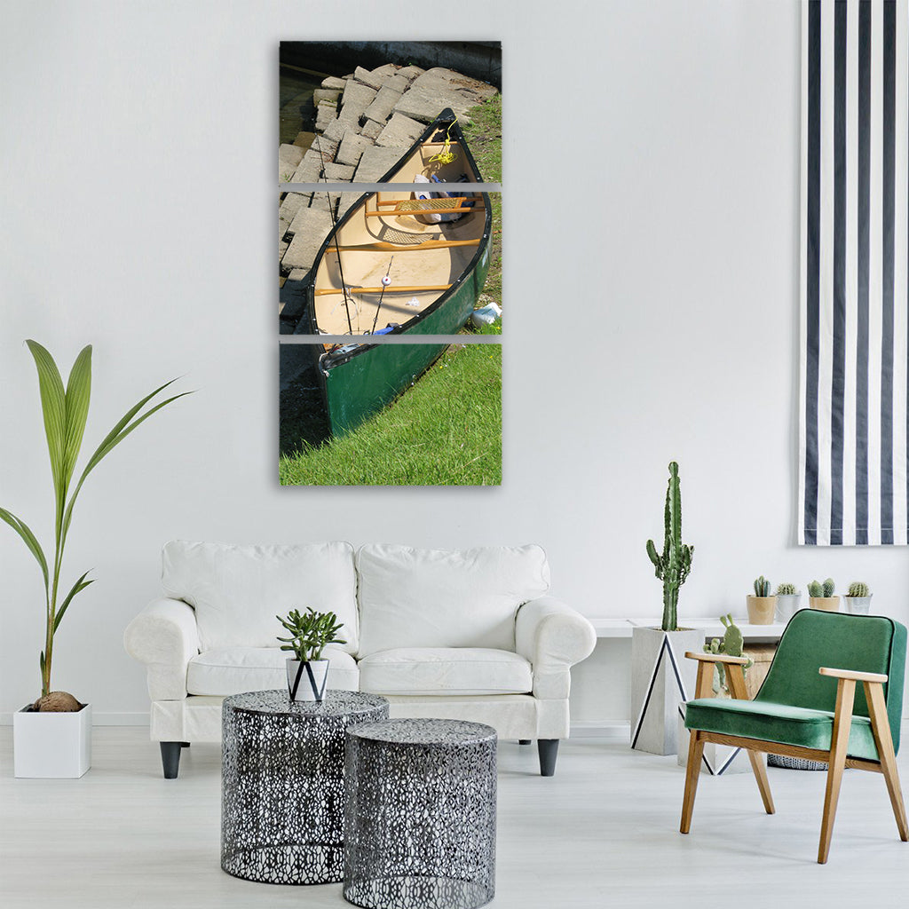 Boat fishing rods shore river Vertical Canvas Wall Art