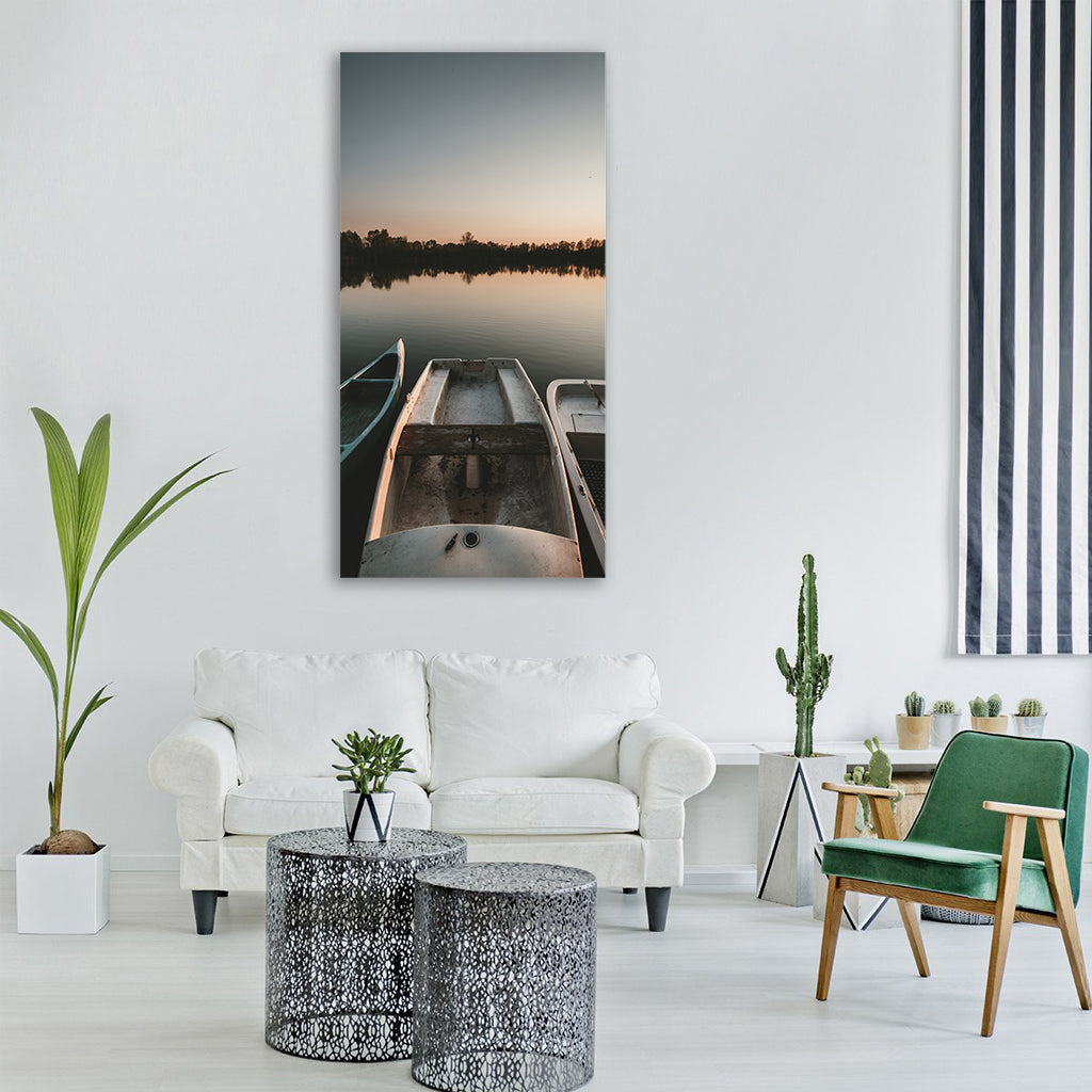 boats fishing boats lake sunset Vertical Canvas Wall Art