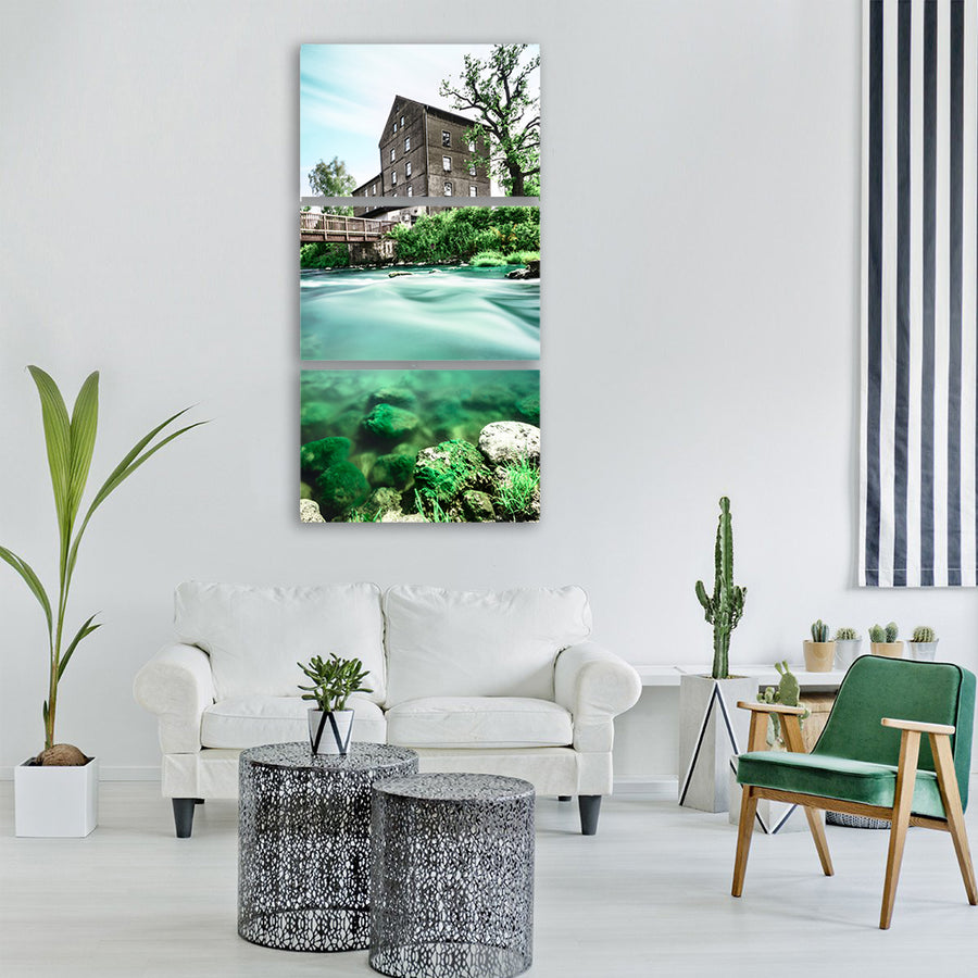 bridge building river rocks stones Vertical Canvas Wall Art