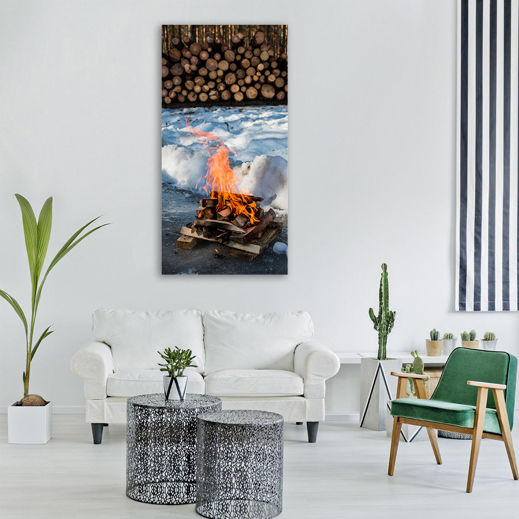 campfire fire winter snow nature Vertical Canvas Wall Art