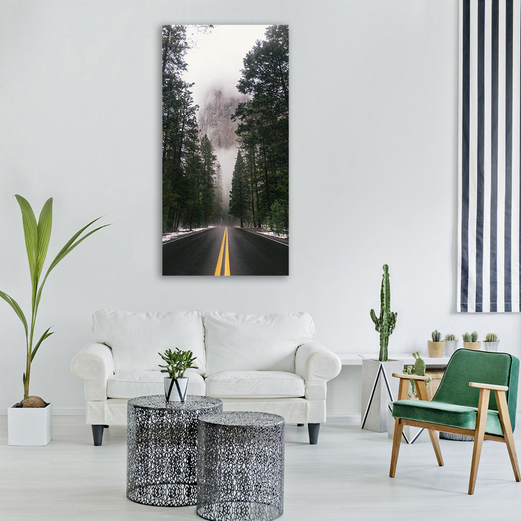 cold foggy forest nature road Vertical Canvas Wall Art