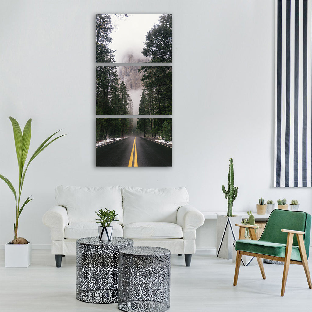 cold foggy forest nature road Vertical Canvas Wall Art