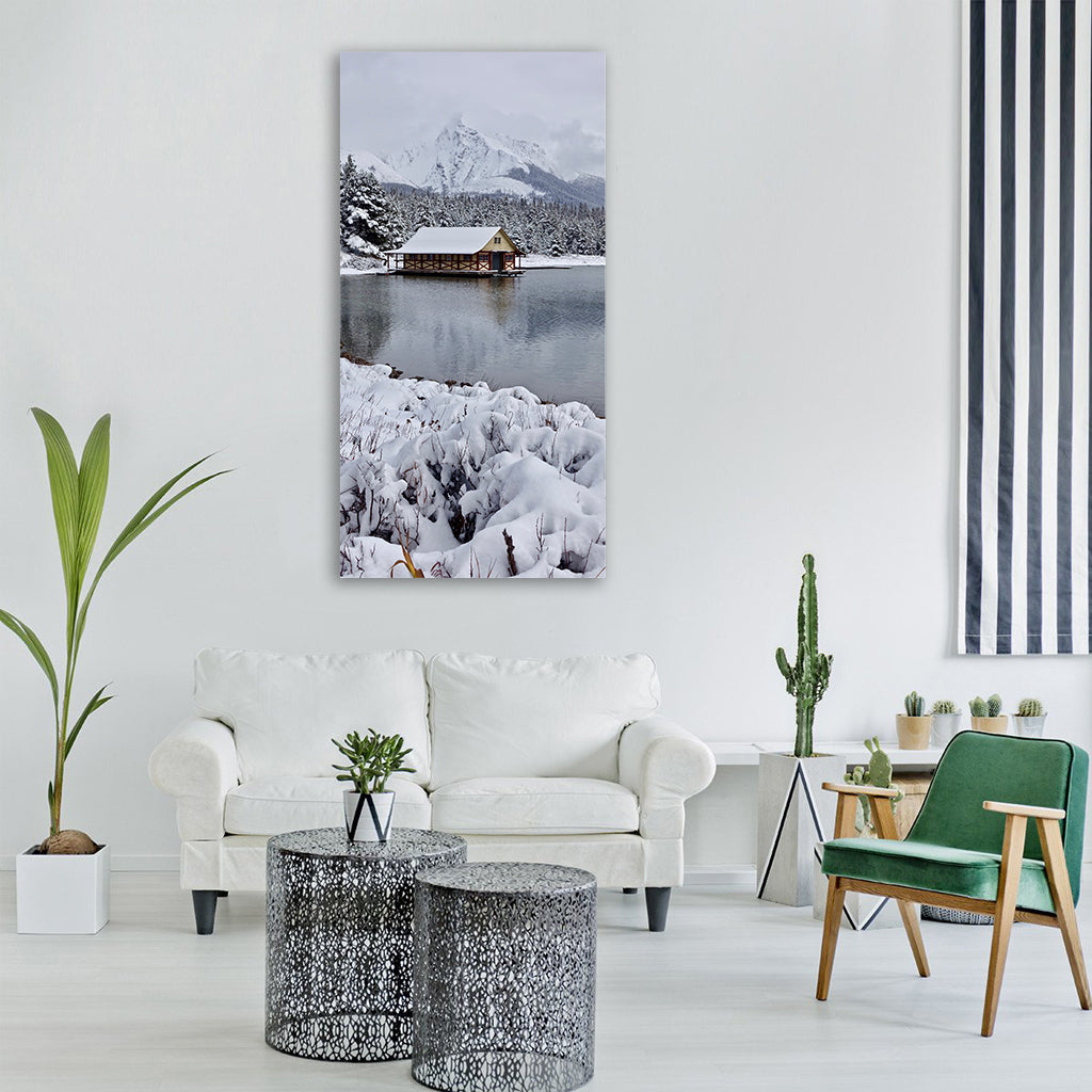 cottage winter snow lake wooden Vertical Canvas Wall Art