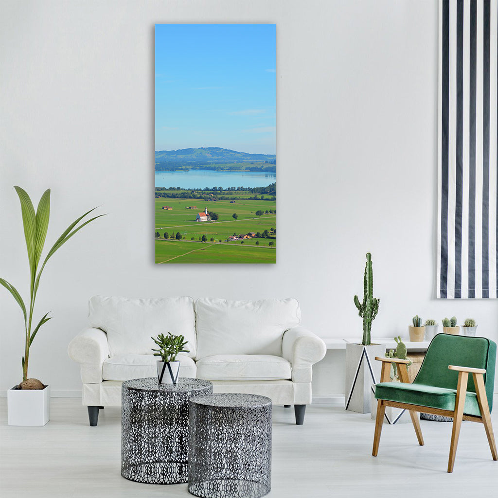 countryside field hills lake Vertical Canvas Wall Art