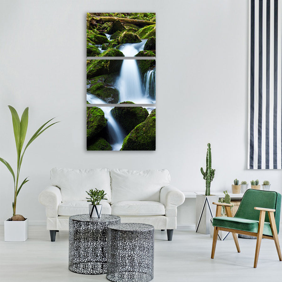 creek falls flow flowing forest Vertical Canvas Wall Art