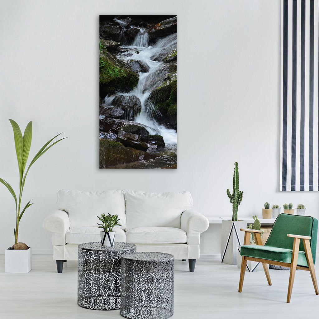 creek waterfall falls rocks nature Vertical Canvas Wall Art