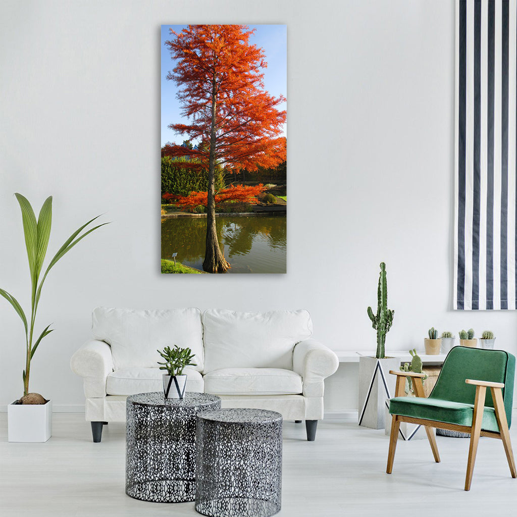 cypress autumn park lake tree Vertical Canvas Wall Art