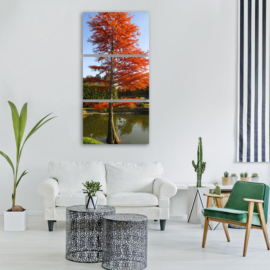 cypress autumn park lake tree Vertical Canvas Wall Art