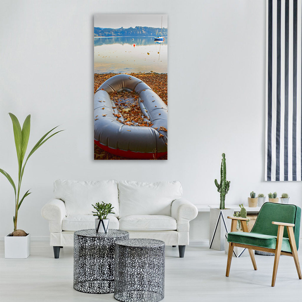 dinghy rubber boot lake water Vertical Canvas Wall Art