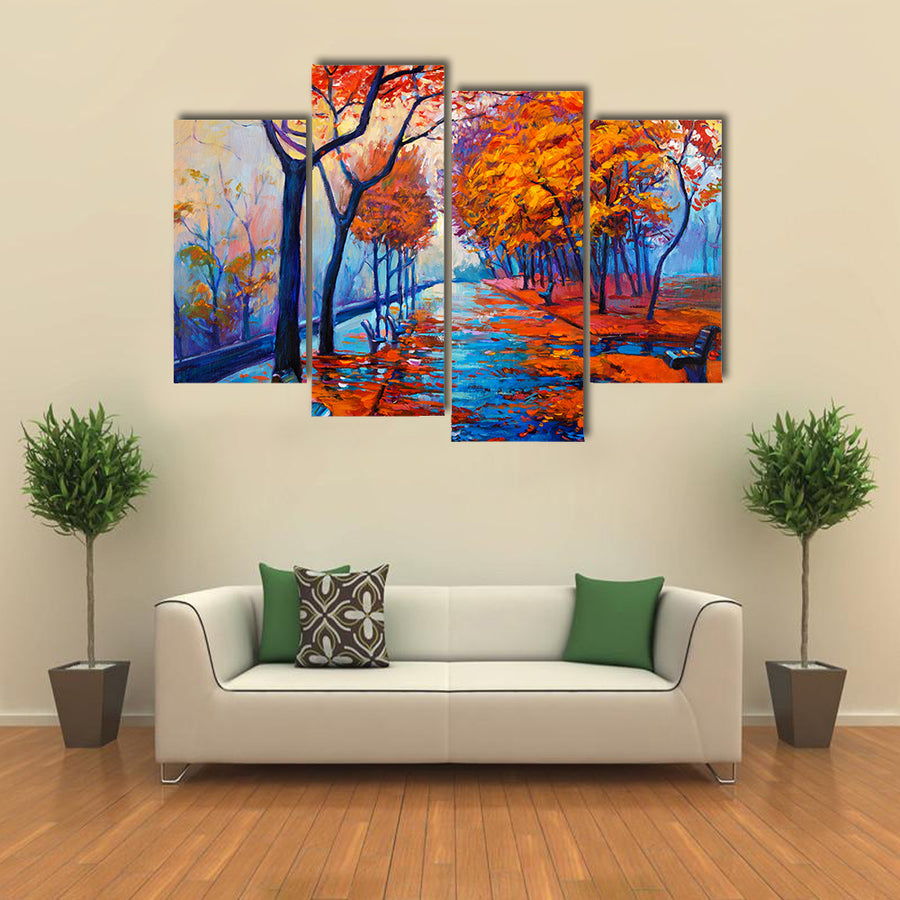 An Autumn Park With A Leafy Path Multi Panel Canvas Wall Art Set