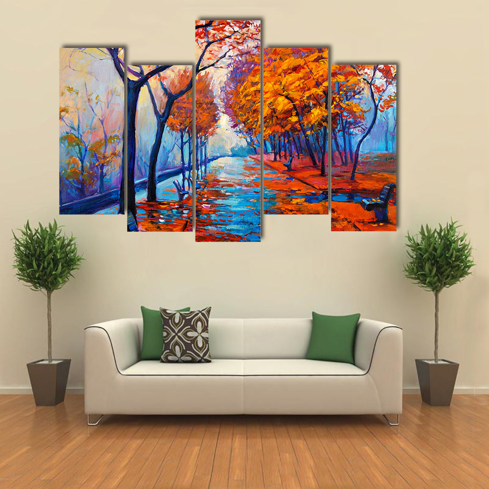 An Autumn Park With A Leafy Path Multi Panel Canvas Wall Art Set