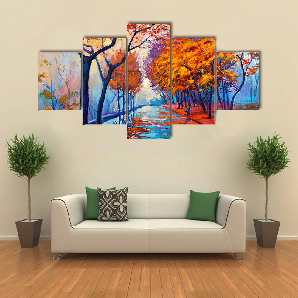 An Autumn Park With A Leafy Path Multi Panel Canvas Wall Art Set