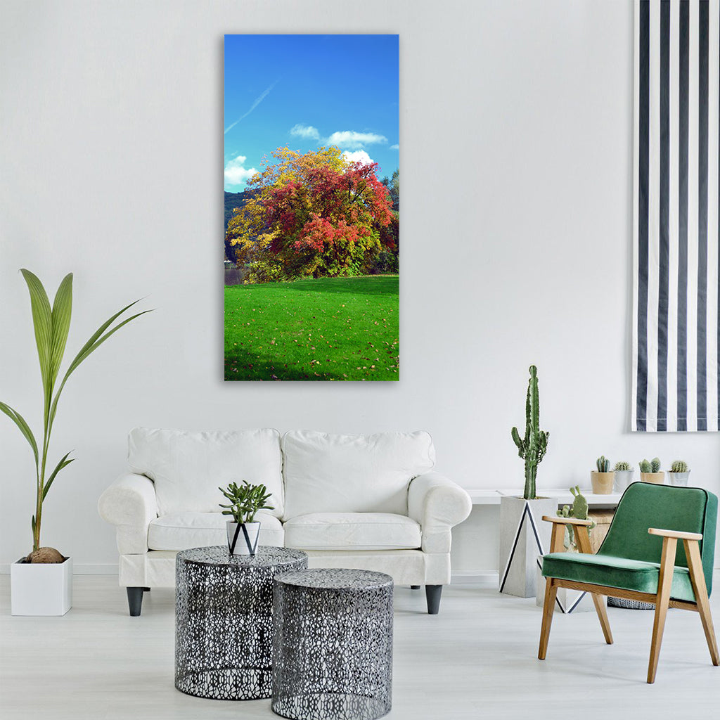 field autumn nature tree meadow Vertical Canvas Wall Art
