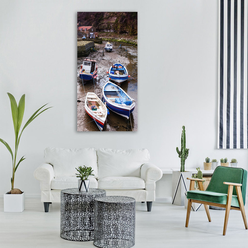 fishing boat village water travel Vertical Canvas Wall Art