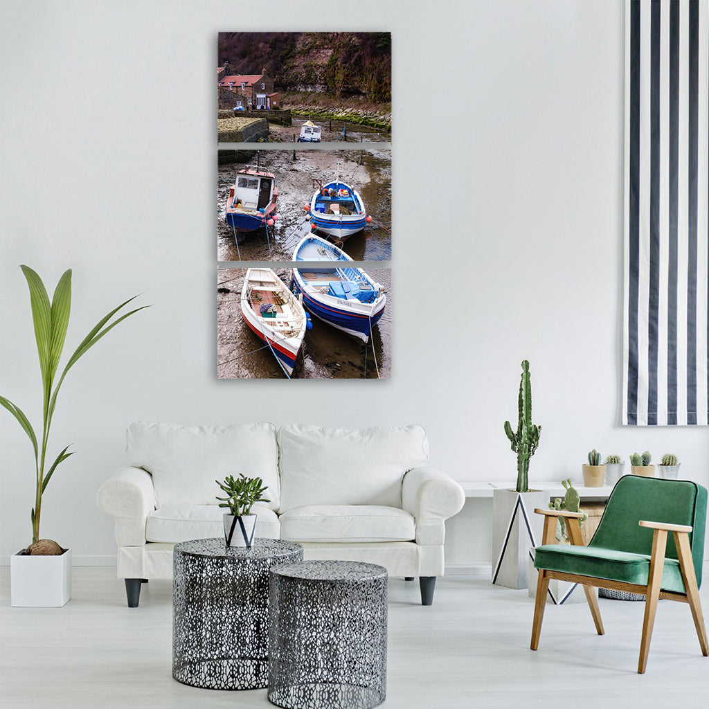 fishing boat village water travel Vertical Canvas Wall Art