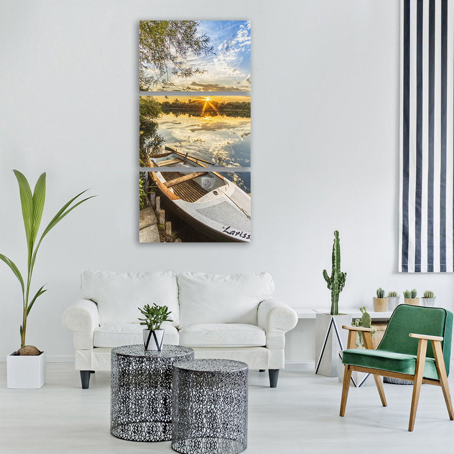 fishing boat boat lake sunset Vertical Canvas Wall Art