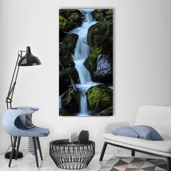 Forest cascade waterfall river Vertical Canvas Wall Art