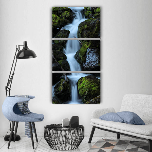 Forest cascade waterfall river Vertical Canvas Wall Art