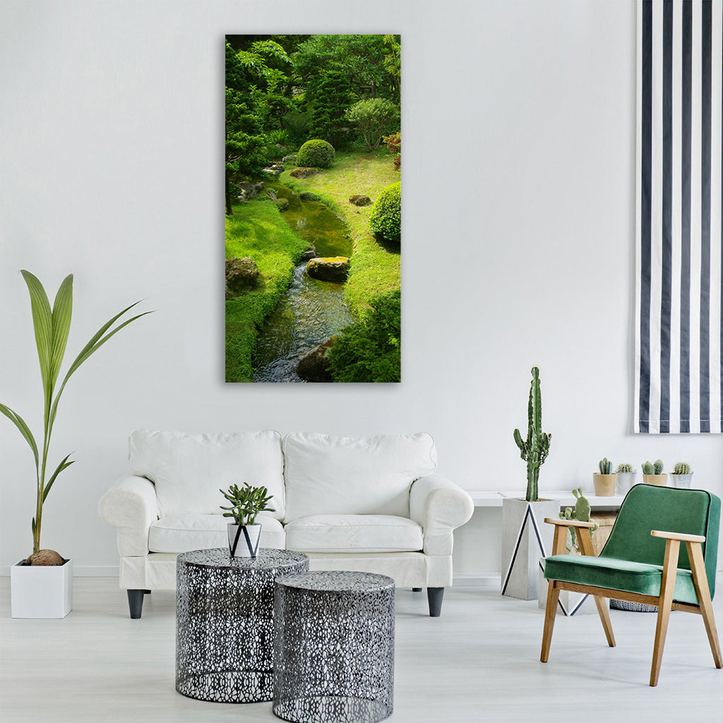 garden green creek nature trees Vertical Canvas Wall Art