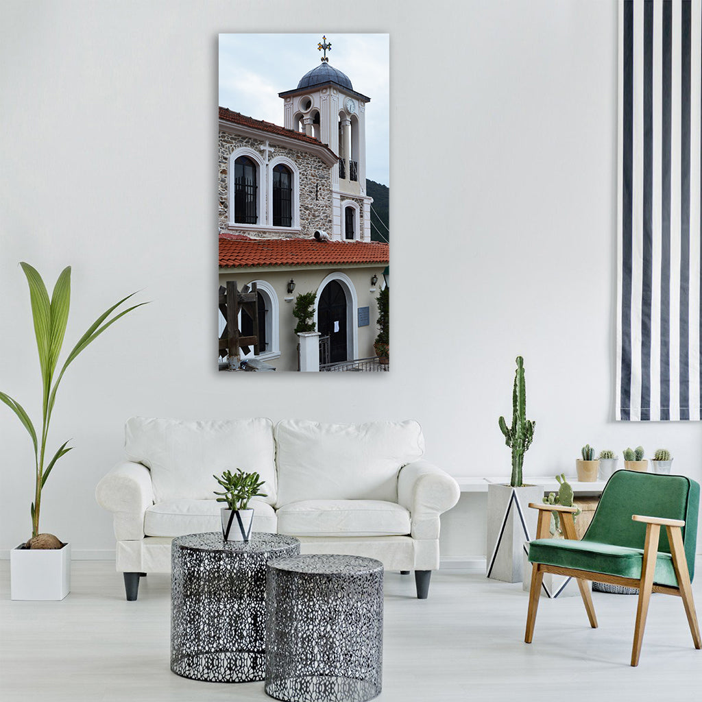 greek church cross tile roof Vertical Canvas Wall Art