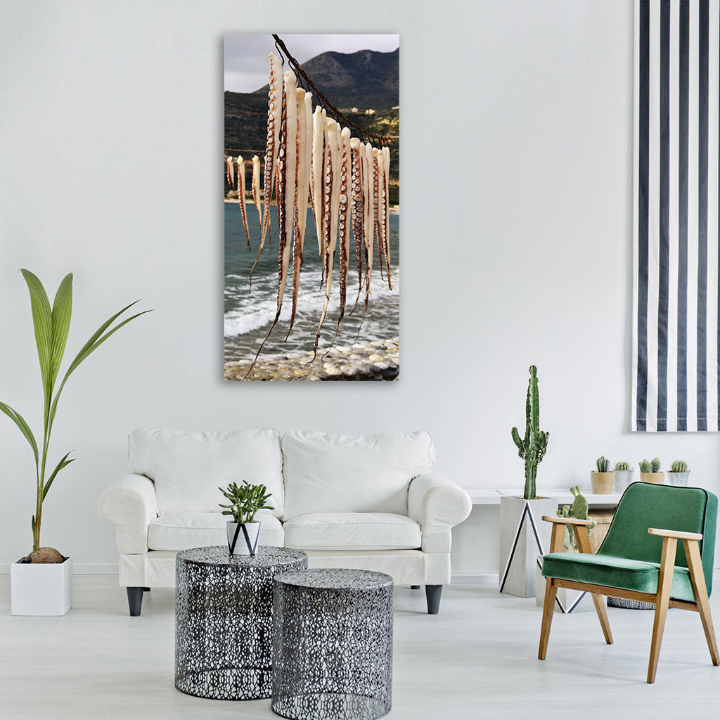 hanging octopus dying seafood Vertical Canvas Wall Art