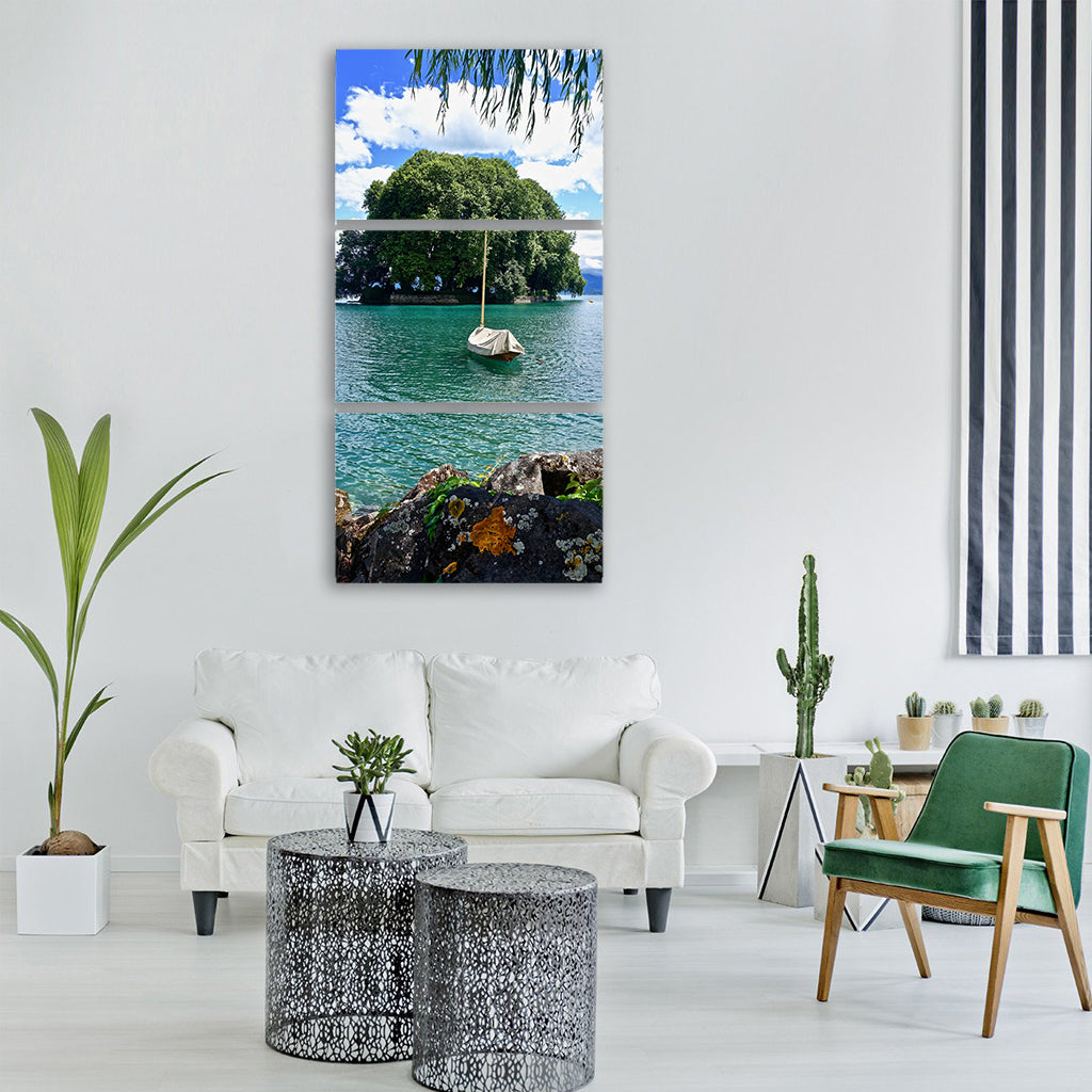 island boat lake flowers floral Vertical Canvas Wall Art