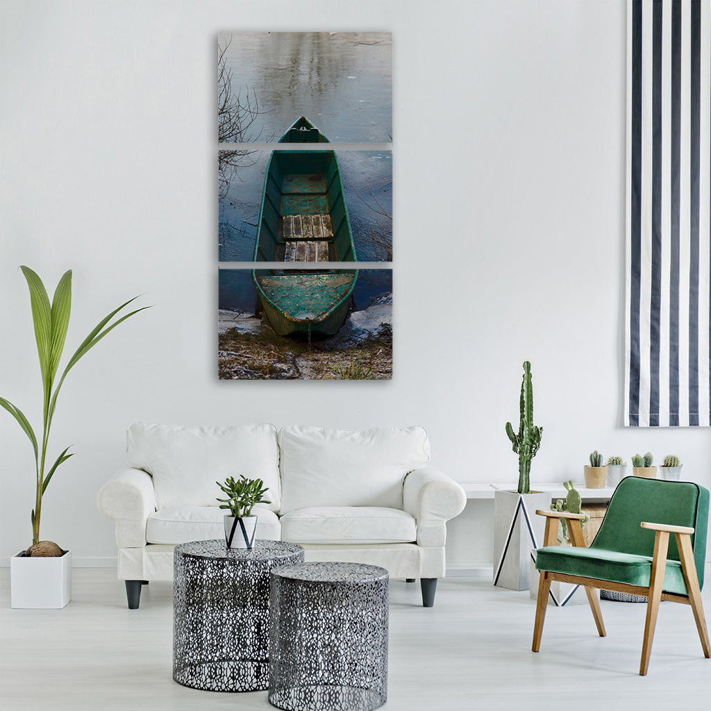 kahn river ice frozen water boat Vertical Canvas Wall Art