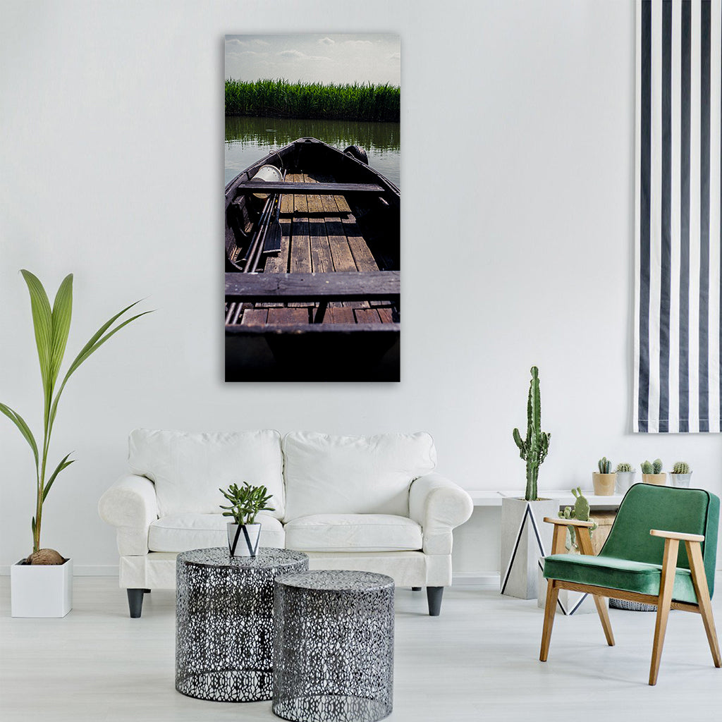 lake boat small water summer Vertical Canvas Wall Art