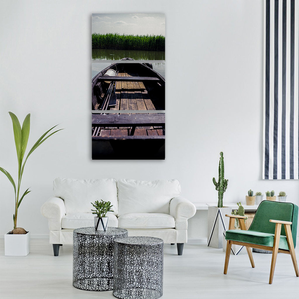 lake boat small water summer Vertical Canvas Wall Art