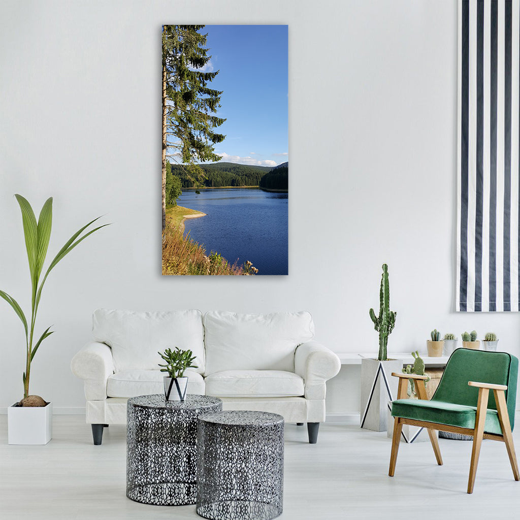lake fir tree water reservoir Vertical Canvas Wall Art