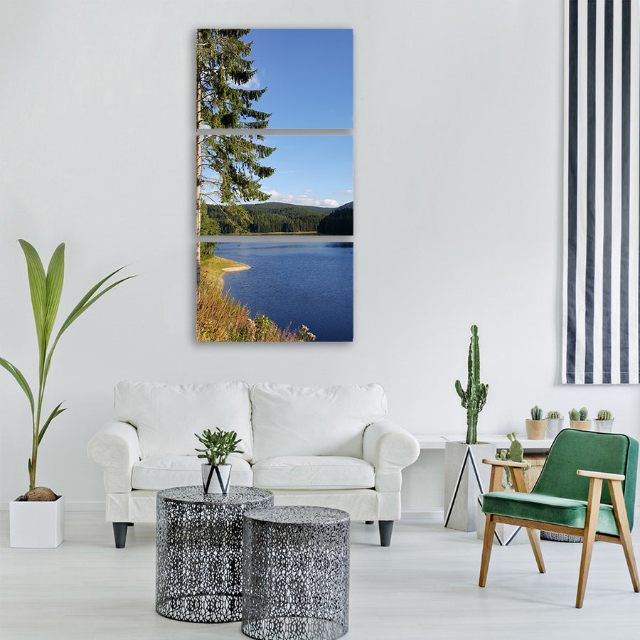 lake fir tree water reservoir Vertical Canvas Wall Art